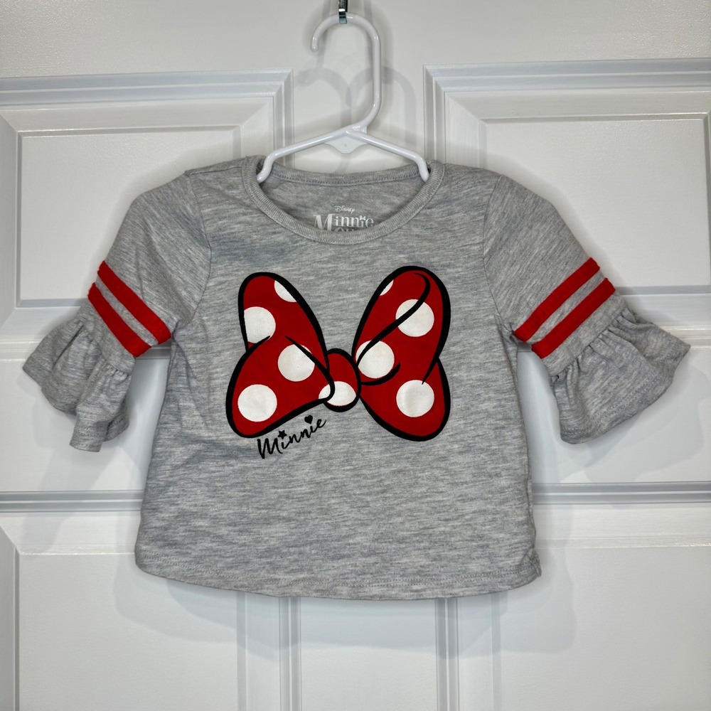 Disney Minnie Mouse Toddler Girls Gray Ruffle Sleeve Bow Graphic T Shirt Size 2T